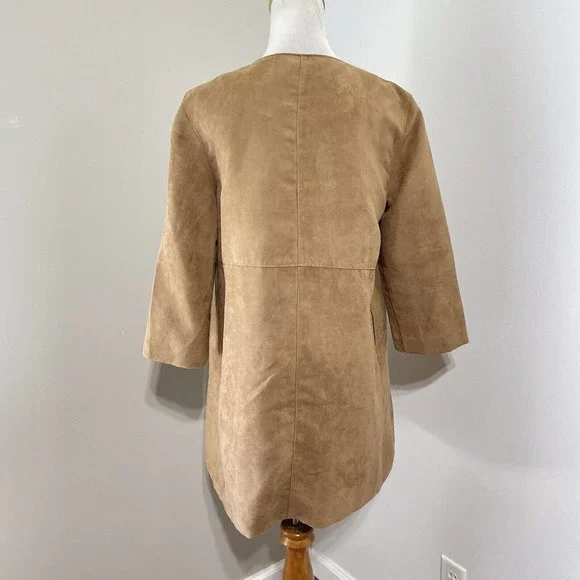 H&M Size 6 Faux Suede Jacket Draped Camel 3/4 Slv Overcoat Lined Workwear Womens - Picture 6 of 9